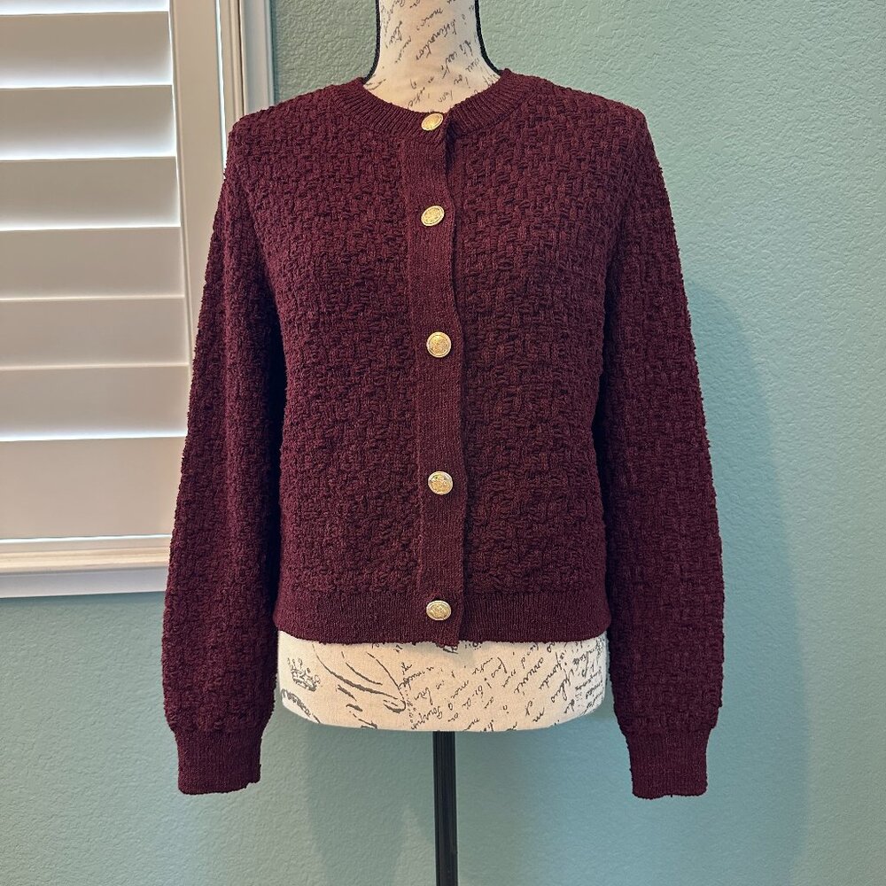 NWOT H&M Round Neck Textured Knit Cardigan Burgundy Size S
